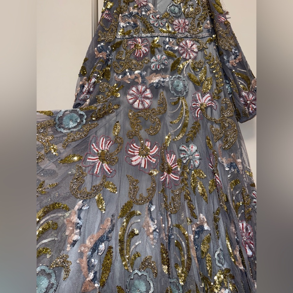 NWT Mac Duggal 5423 Gray Platinum Multi Long Cuff Sleeve Midi Dress Size 12 - Picture 9 of 16